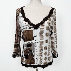 Vtg Artsy Abstract Top Womens 12* Brown Lace Art To Wear Y2K 90s Pheobe Friends